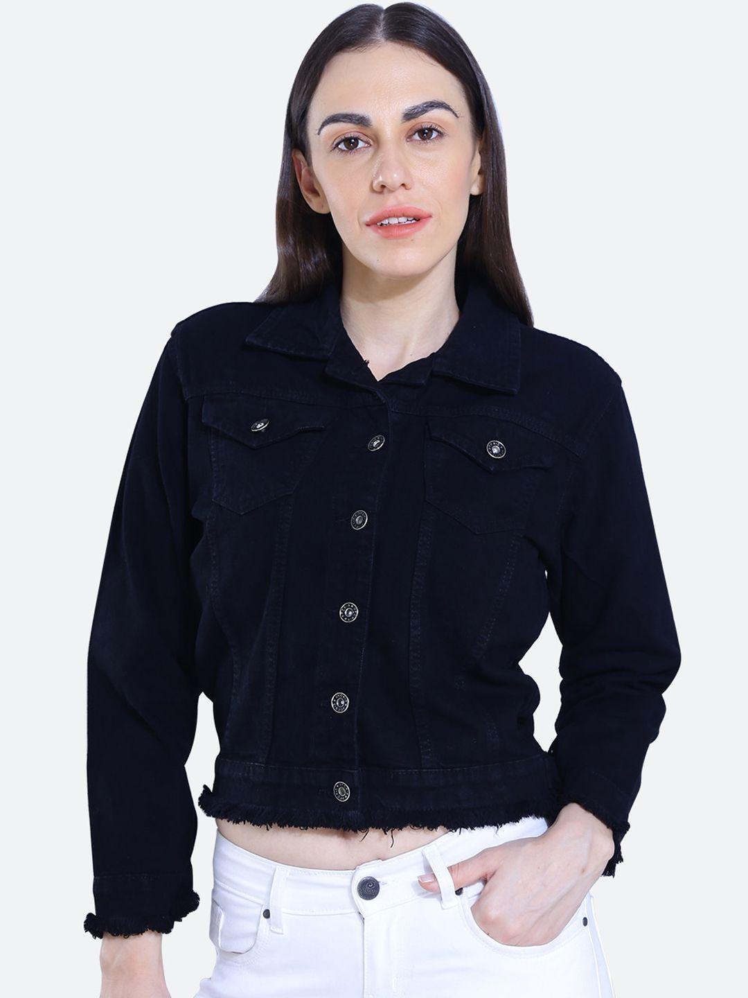 fck-3 women black washed crop denim jacket with embroidered