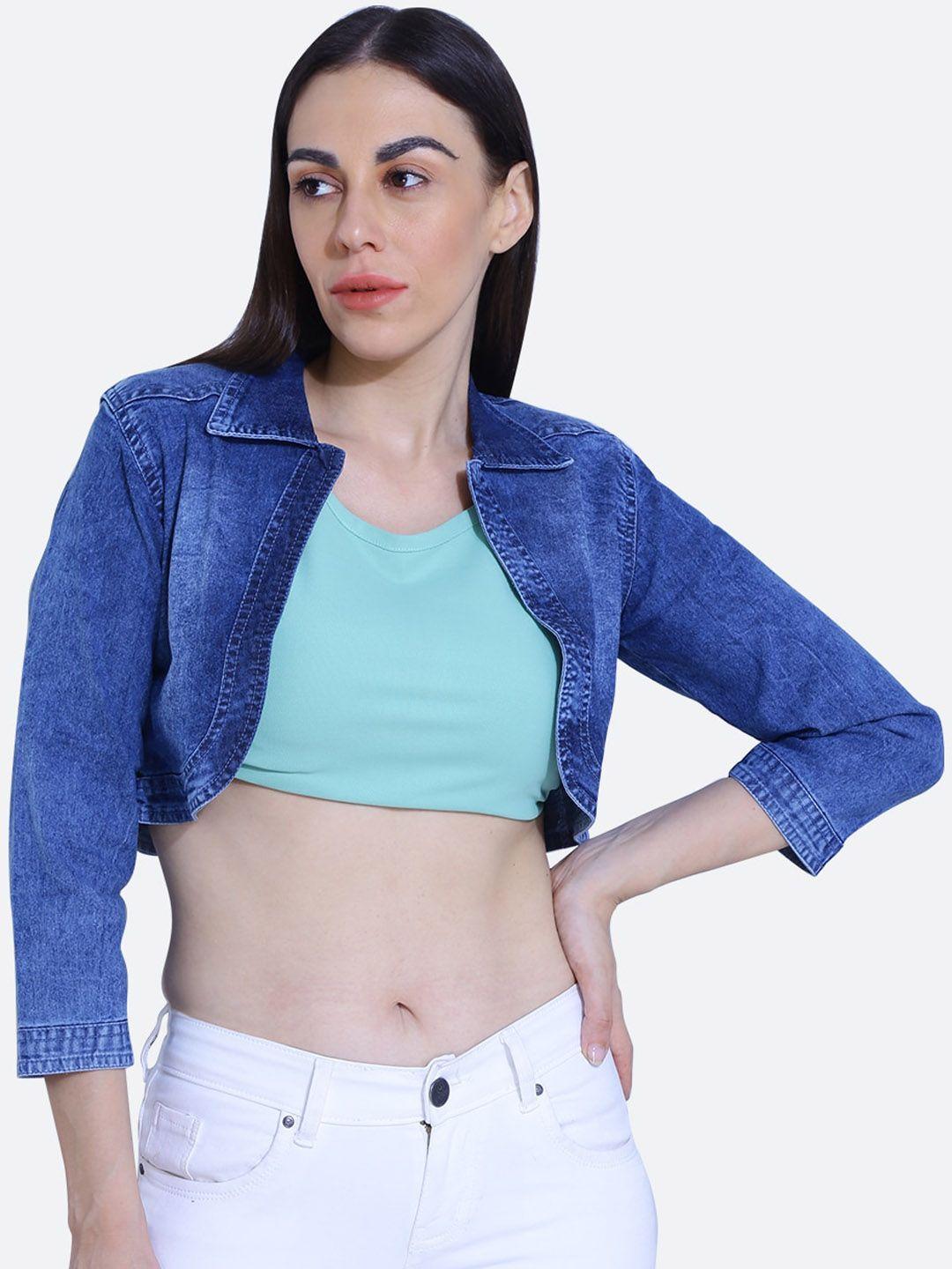 fck-3 women blue crop denim jacket