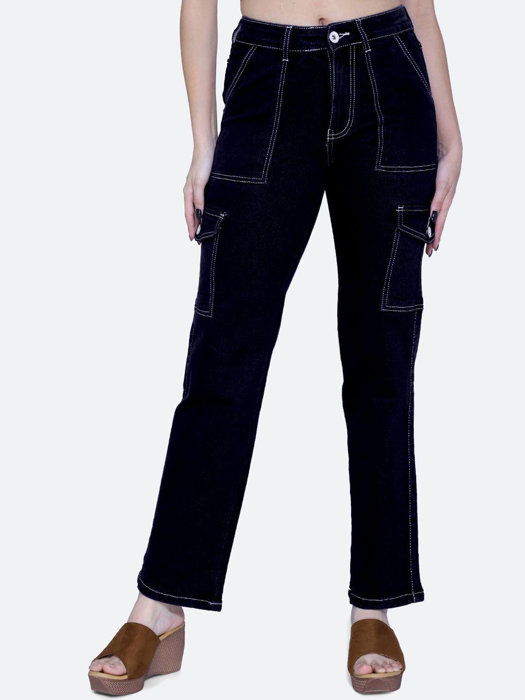 fck-3 women blue relaxed loose fit high-rise cargos trousers