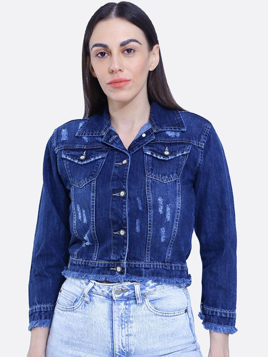 fck-3 women blue washed crop denim jacket