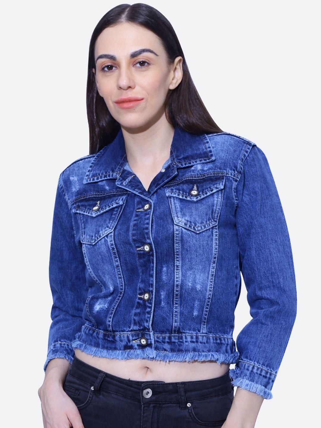 fck-3 women blue washed crop denim jacket