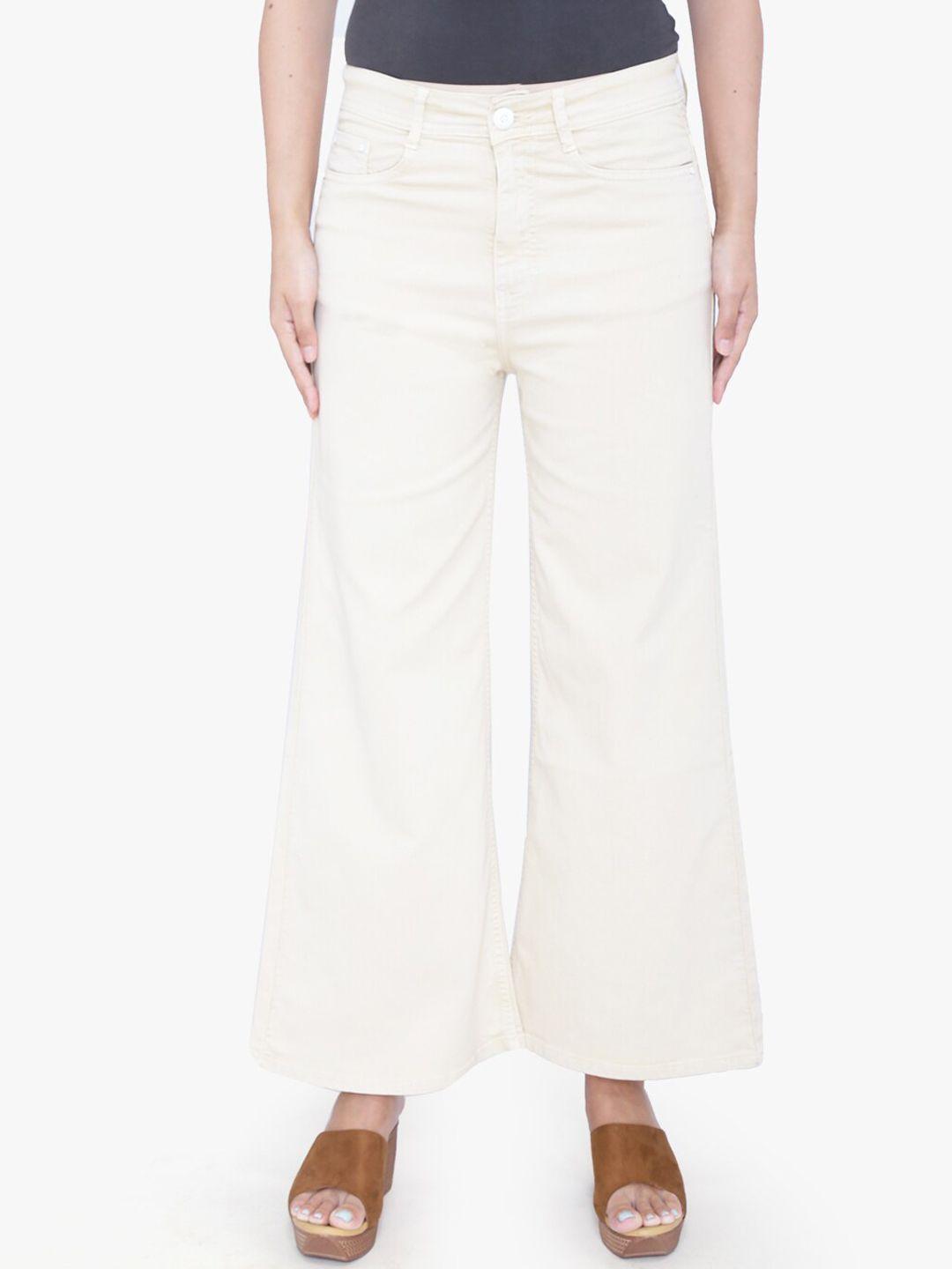 fck-3 women cream-coloured bootilicious wide leg high-rise stretchable jeans