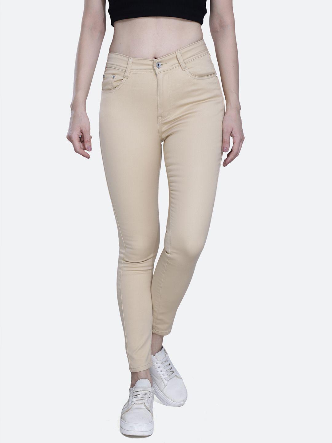 fck-3 women cream-coloured frisky relaxed fit high-rise stretchable cotton jeans