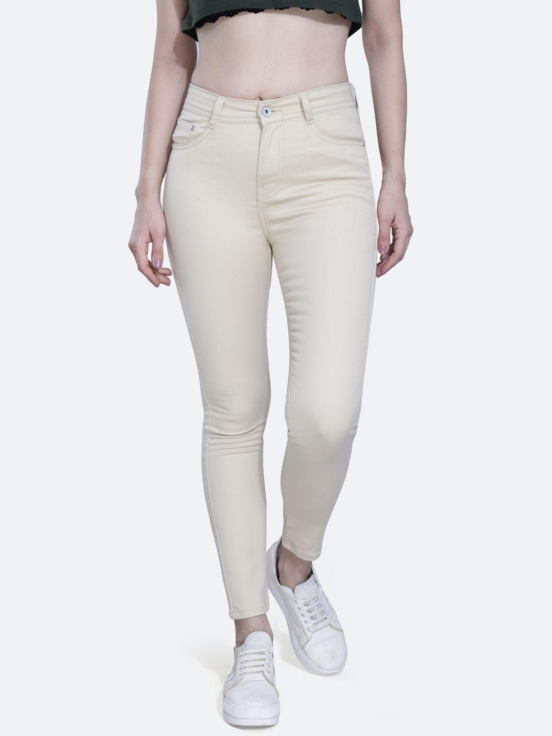 fck-3 women cream frisky relaxed fit high-rise stretchable cotton jeans