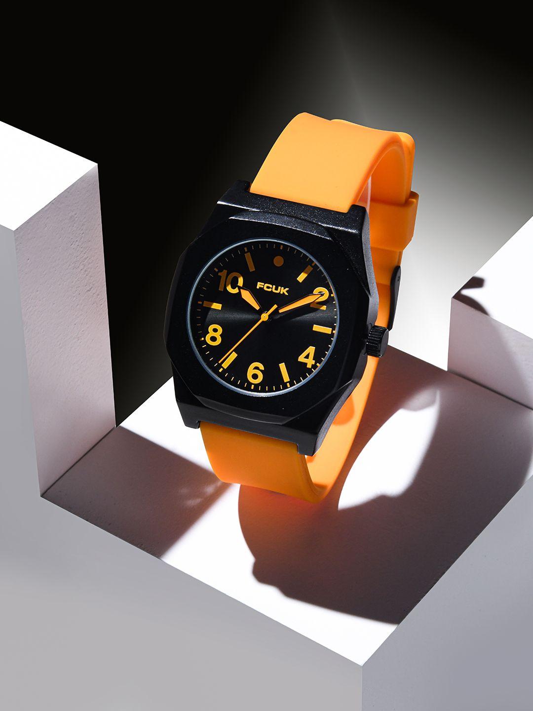 fcuk men black dial & orange straps analogue watch- fk0012c