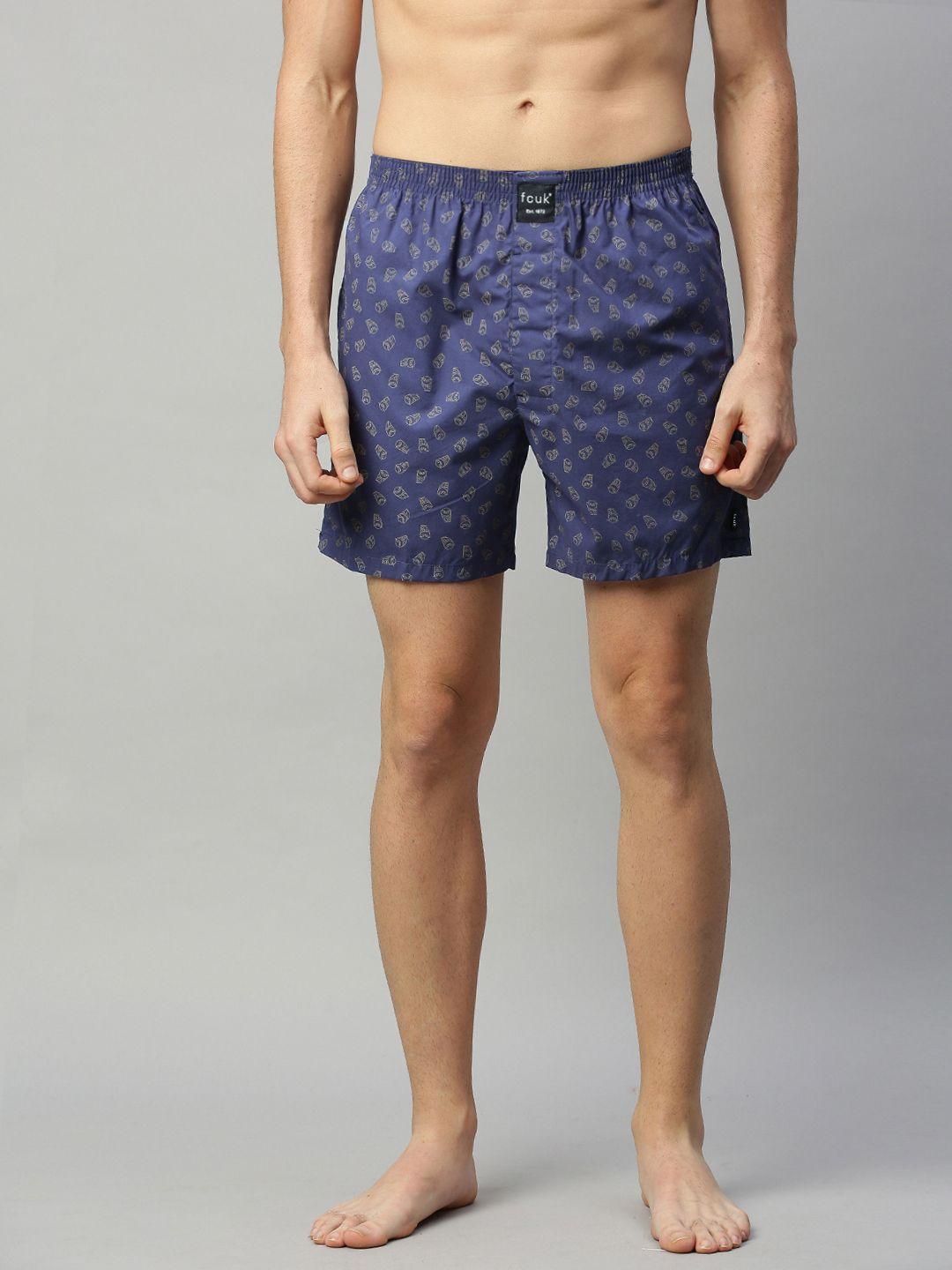 fcuk men's navy blue and beige printed pure cotton boxers