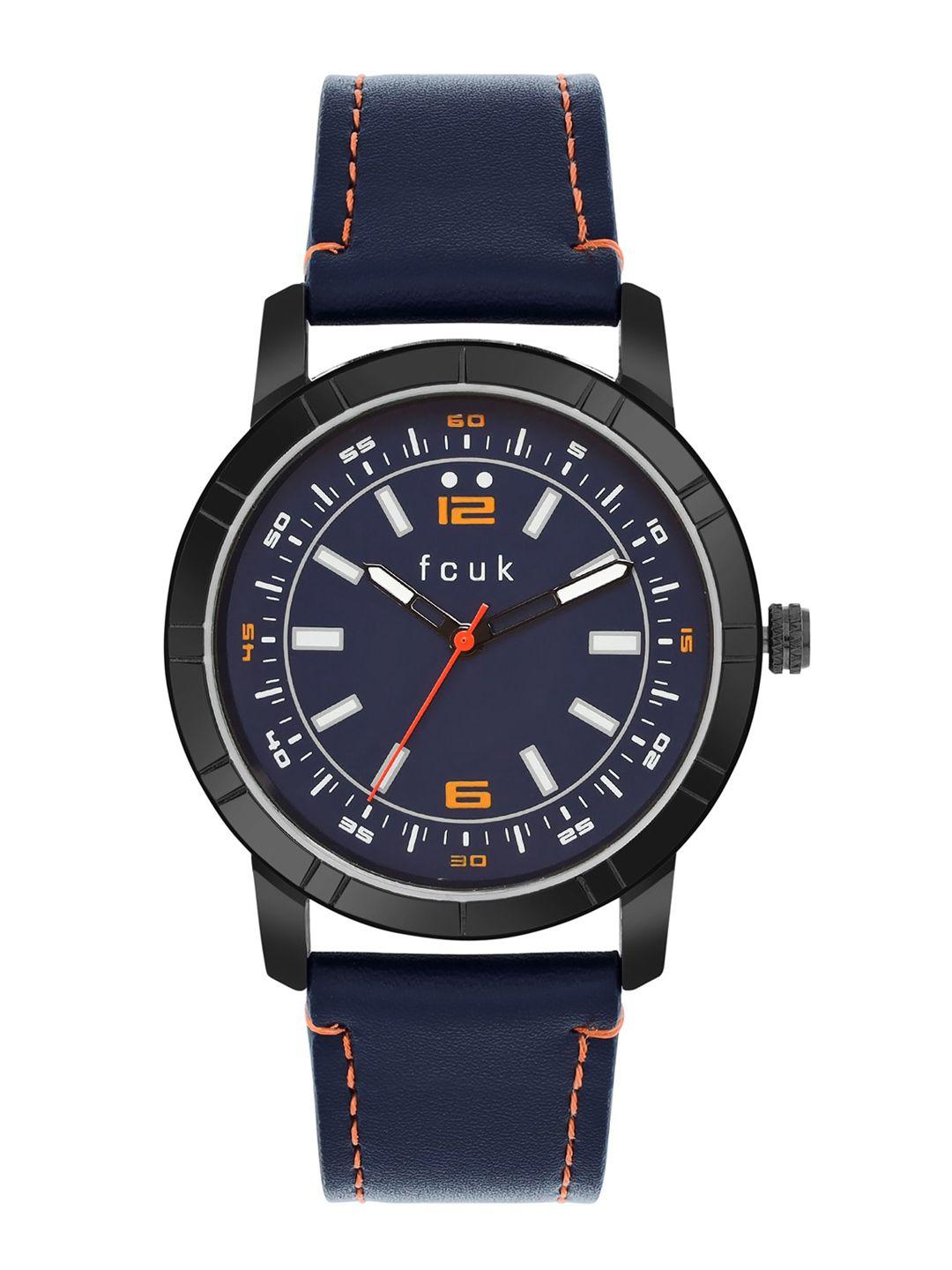 fcuk men blue dial & blue leather straps analogue watch