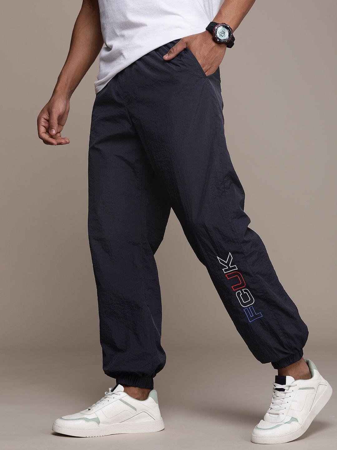 fcuk men brand logo embroidered mid-rise regular joggers