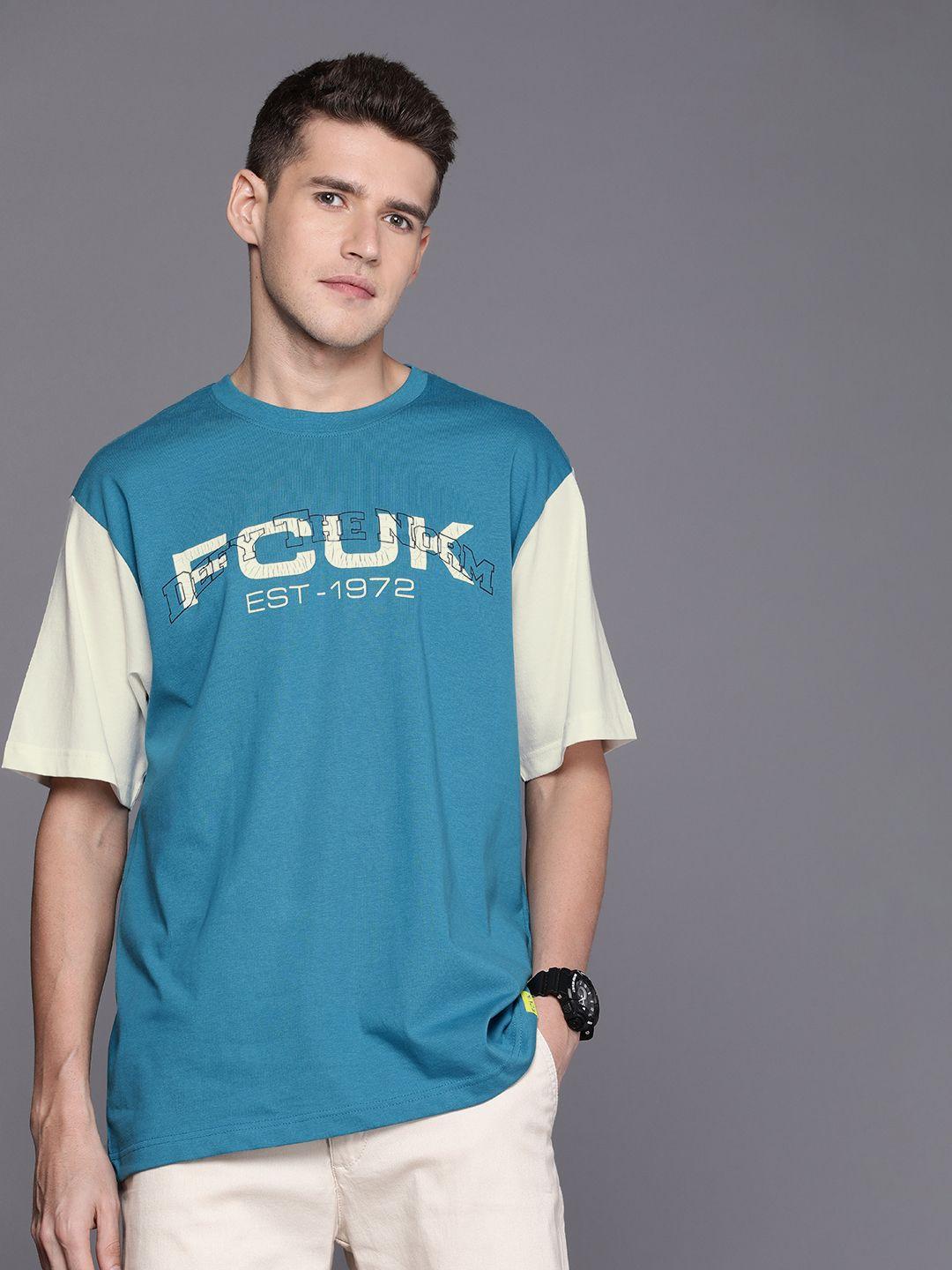 fcuk men pure cotton brand logo printed drop-shoulder sleeves t-shirt