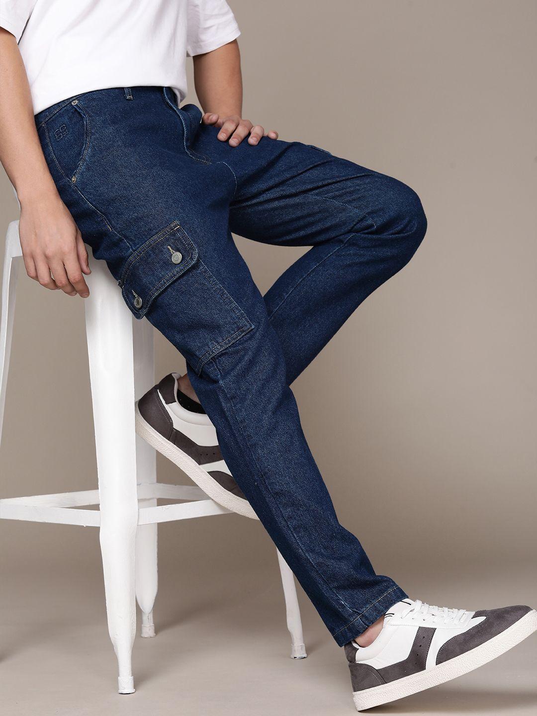 fcuk men pure cotton mid-rise comfy tapered fit light fade jeans