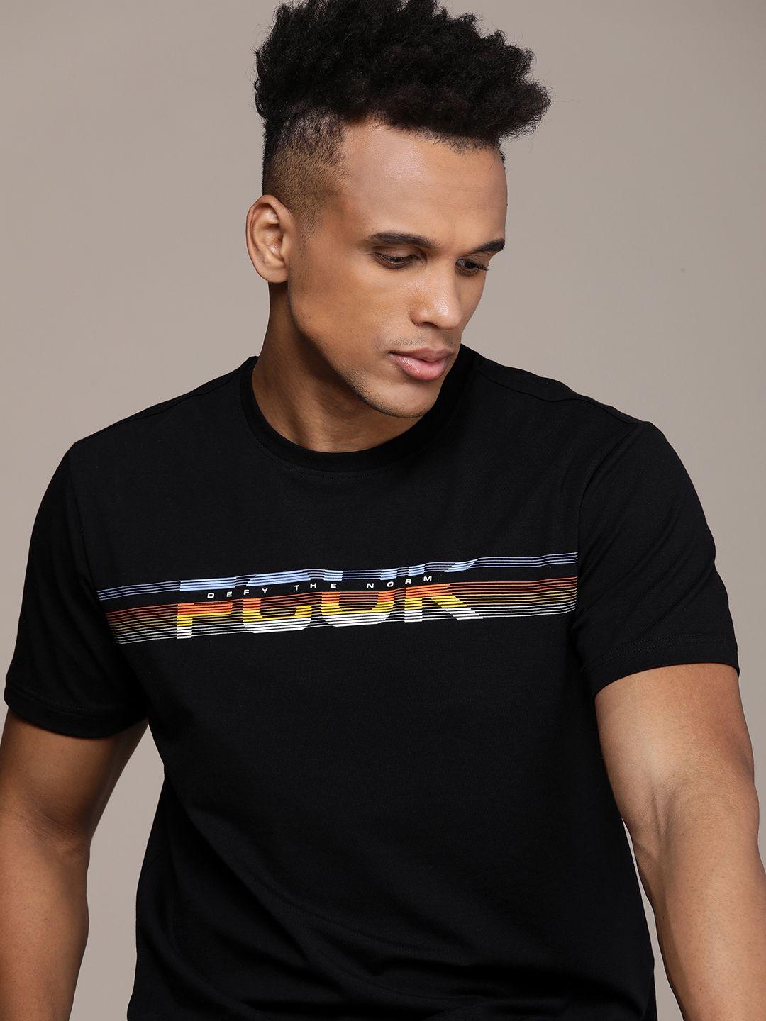 fcuk round neck brand logo print & striped detail t-shirt