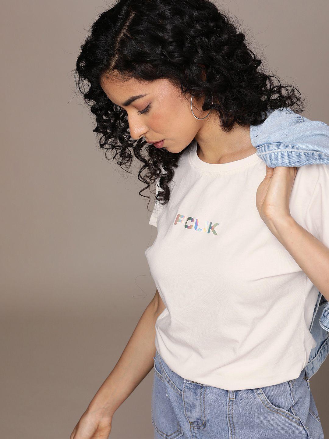 fcuk round neck brand logo print pure cotton t-shirt