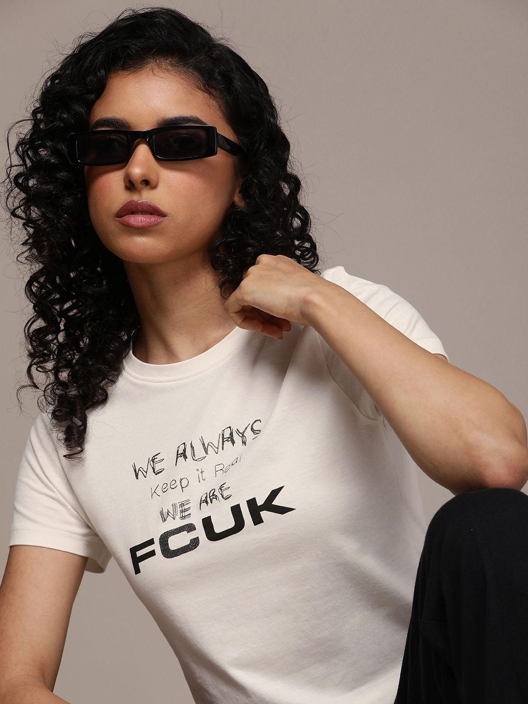 fcuk round neck typography printed pure cotton t-shirt