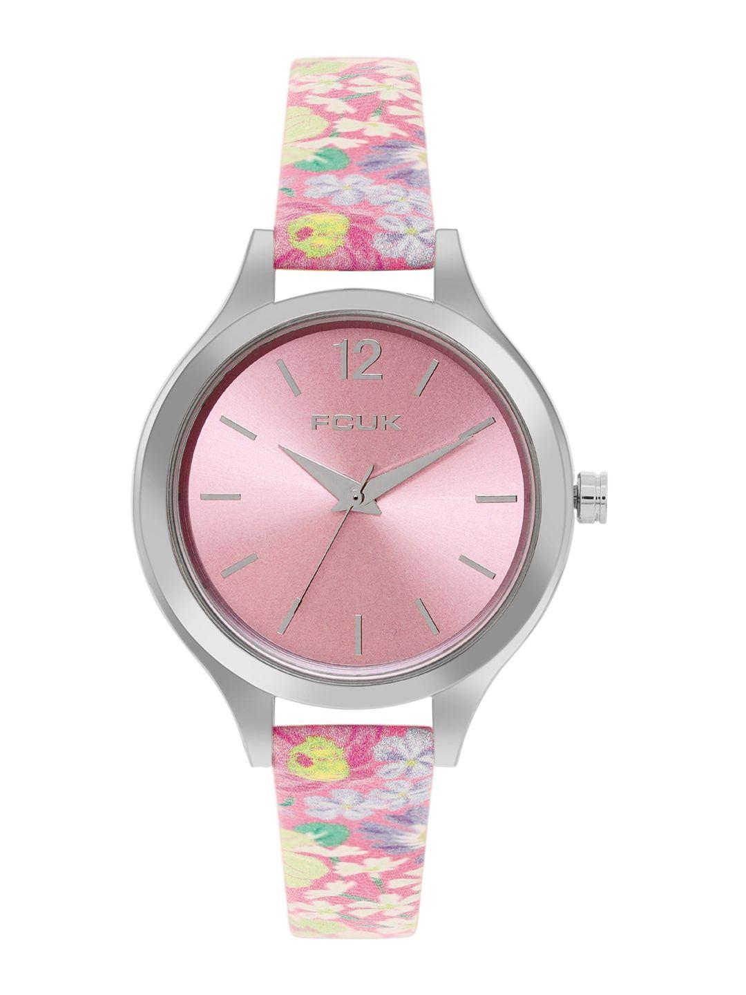 fcuk women floral print leather straps analogue watch fk00032c