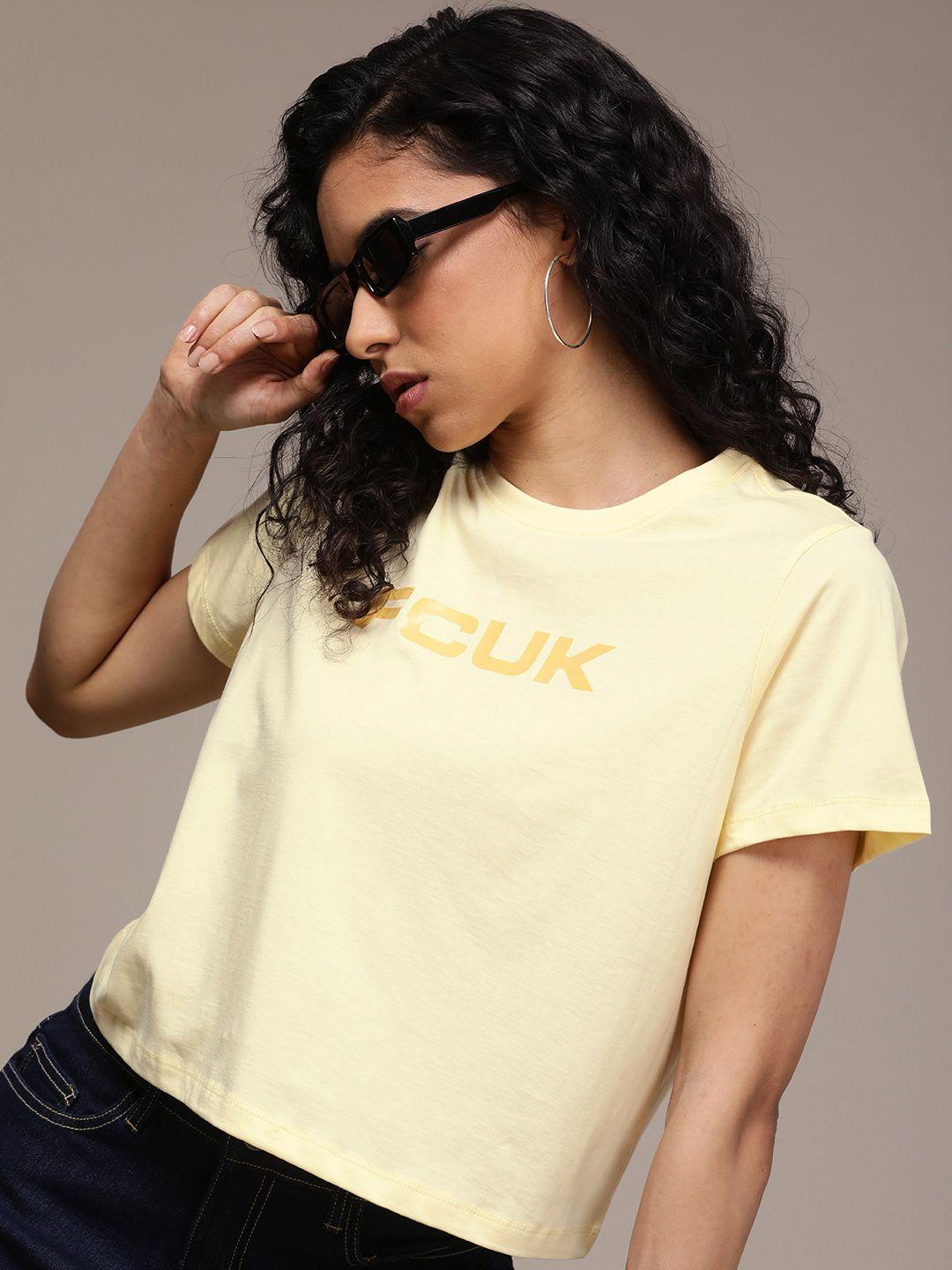 fcuk women pure cotton brand logo printed crop t-shirt