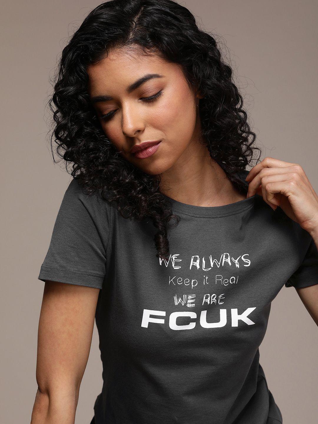 fcuk women typography printed pure cotton t-shirt