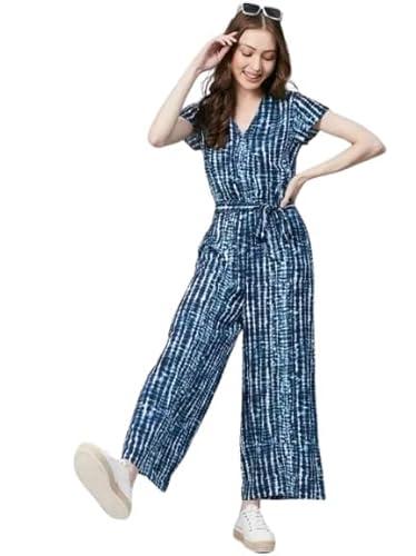 fcv rayon printed jumpsuit for women (m, blue)