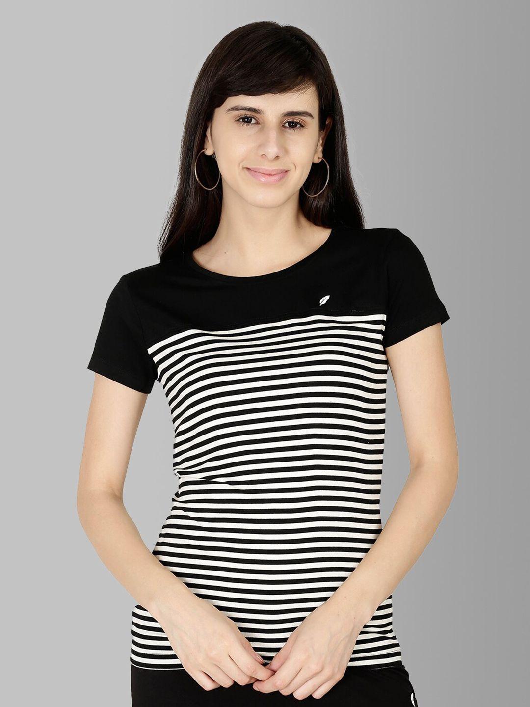 feather soft elite women black & white striped stretchex slim fit running t-shirt