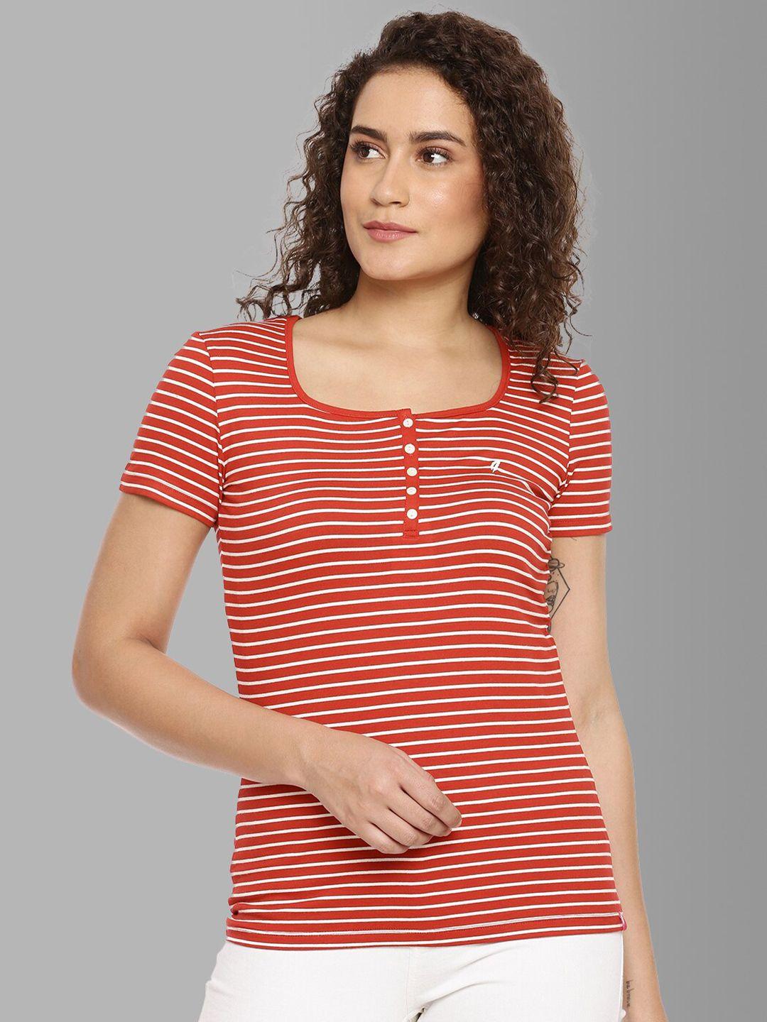 feather soft elite women maroon striped slim fit t-shirt