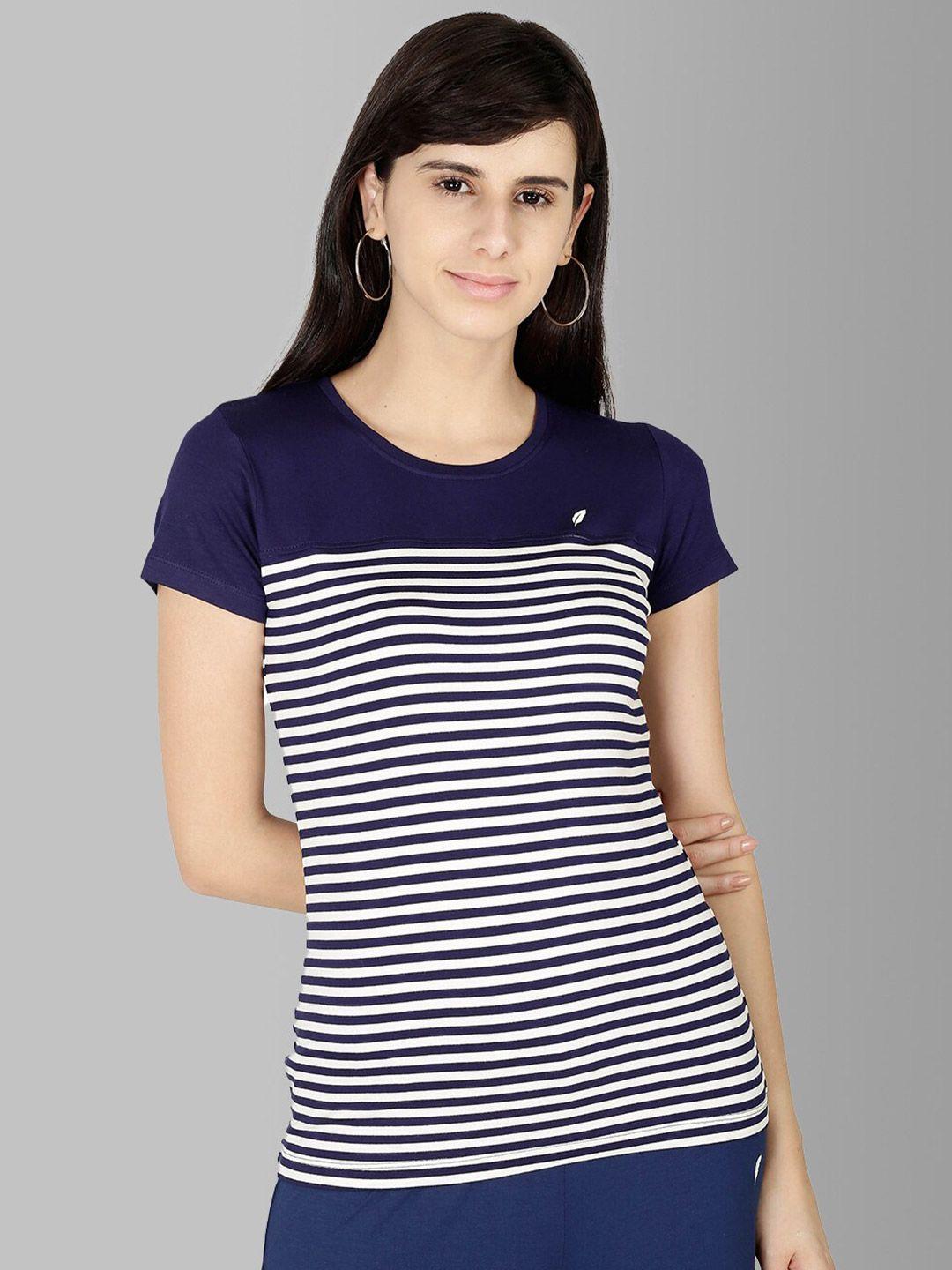feather soft elite women navy blue & white striped stretchex slim fit t-shirt
