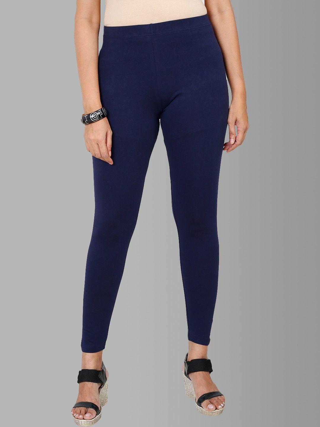 feather soft elite women navy blue solid cotton ankle-length leggings