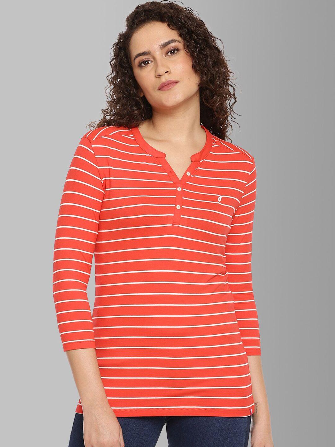 feather soft elite women red striped henley neck stretchex rayon  t-shirt