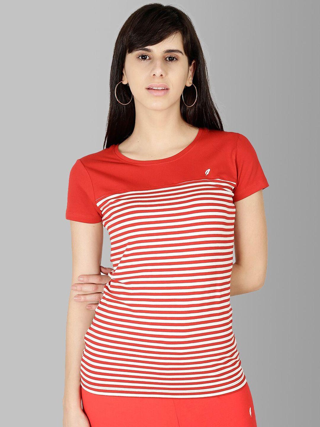 feather soft elite women red striped stretchable slim fit  t-shirt