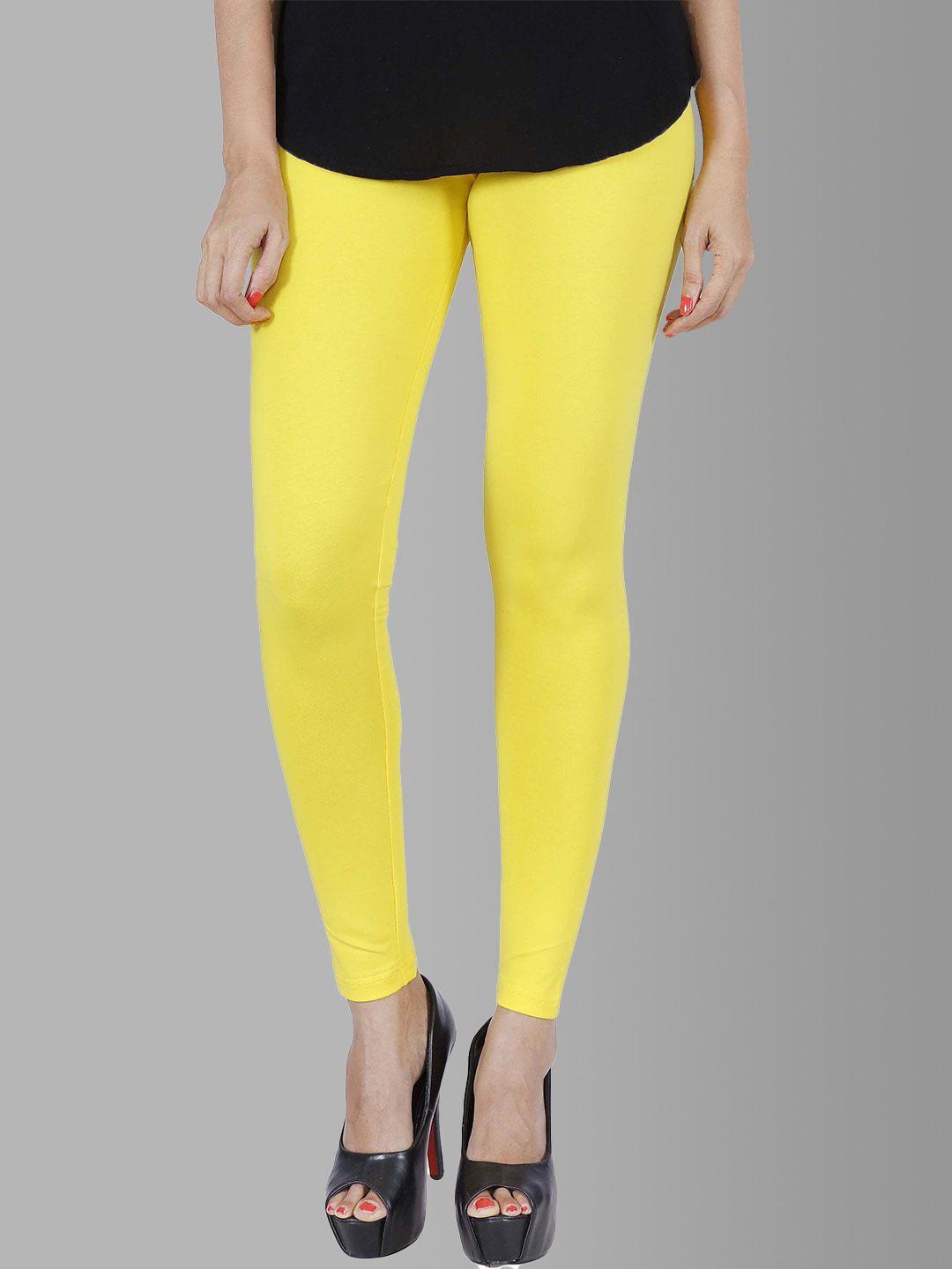 feather soft elite women yellow solid cotton ankle length leggings