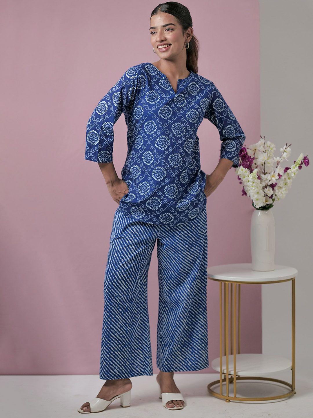 feathers closet bandhani printed pure cotton top with trousers