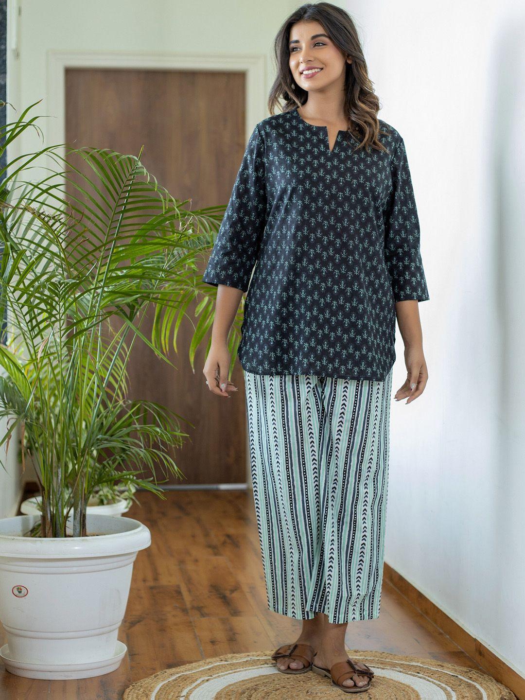 feathers closet ethnic motifs printed pure cotton kurti with pyjamas