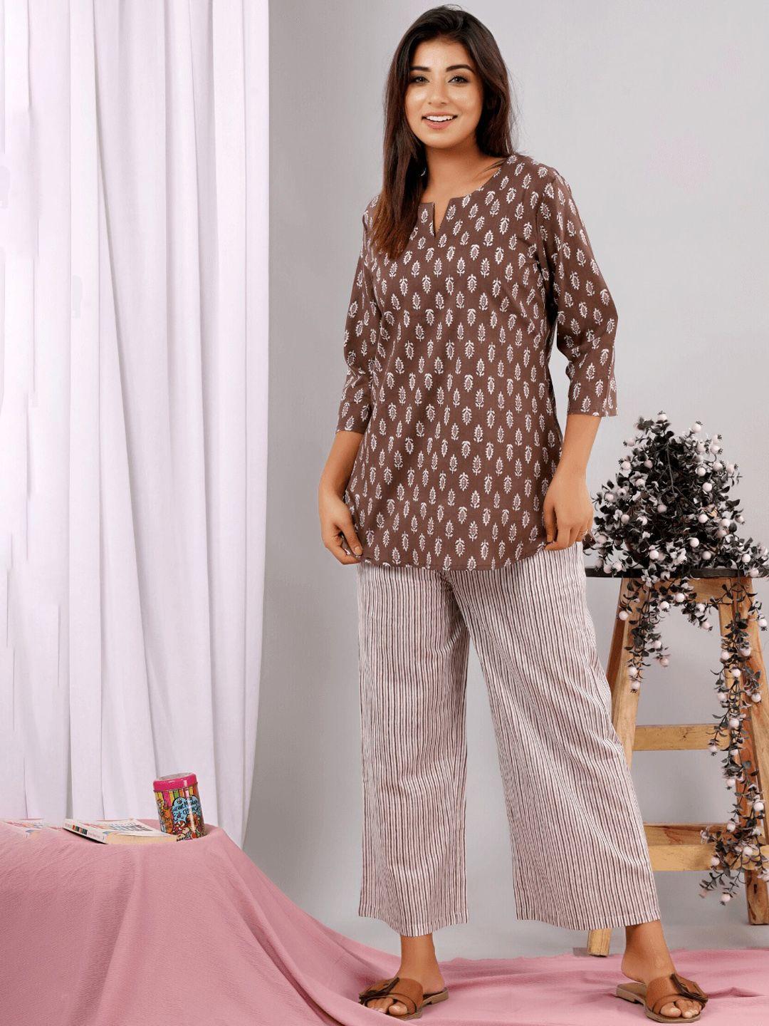 feathers closet ethnic motifs printed pure cotton top and pyjamas