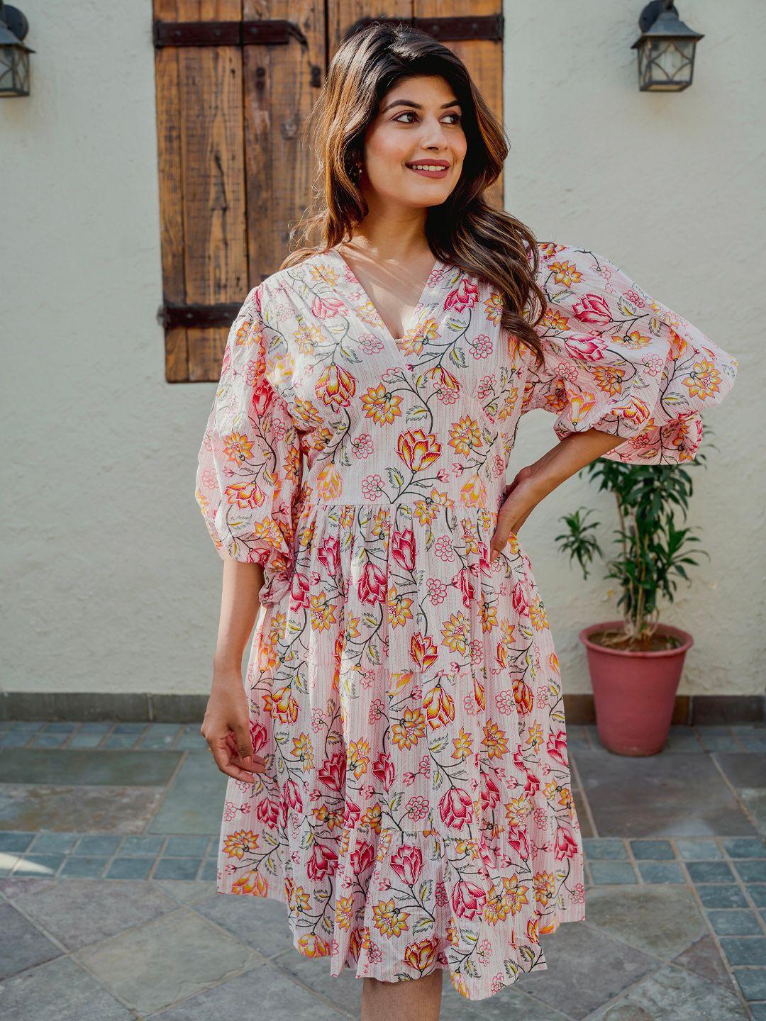 feathers closet floral printed puff sleeves gathered cotton a-line dress