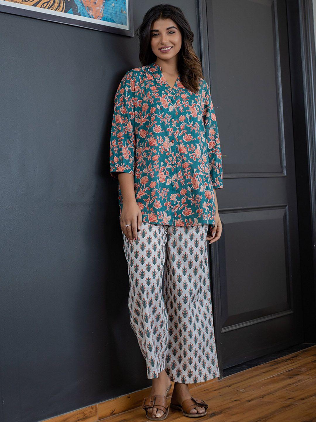 feathers closet floral printed pure cotton top and pyjamas