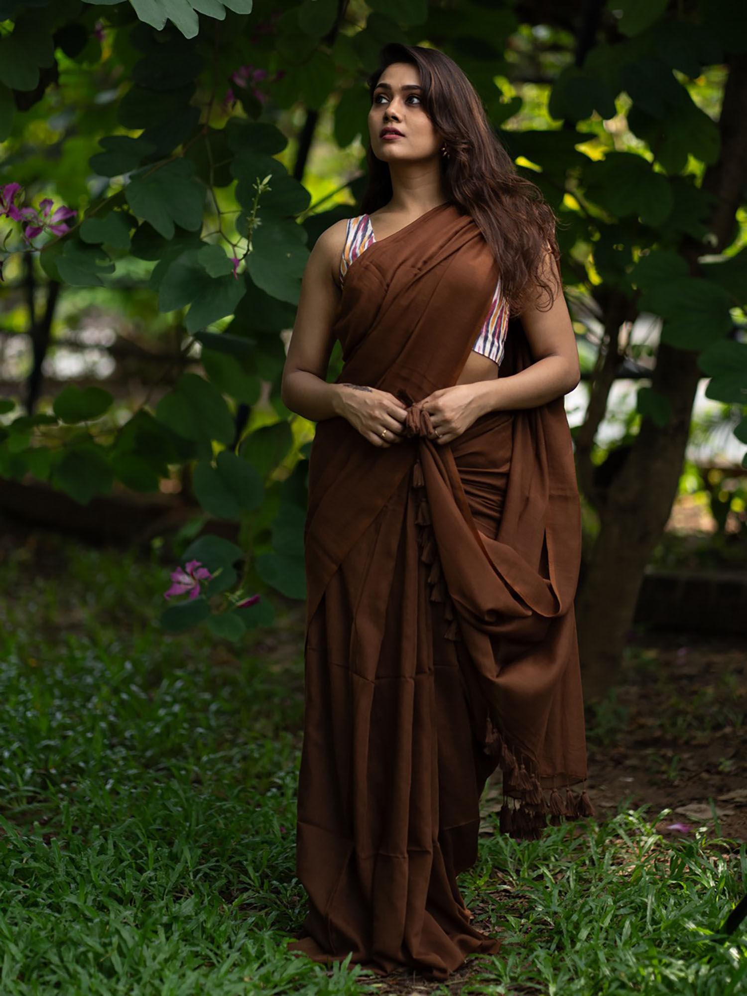 feathery soft plain brown handloom cotton saree