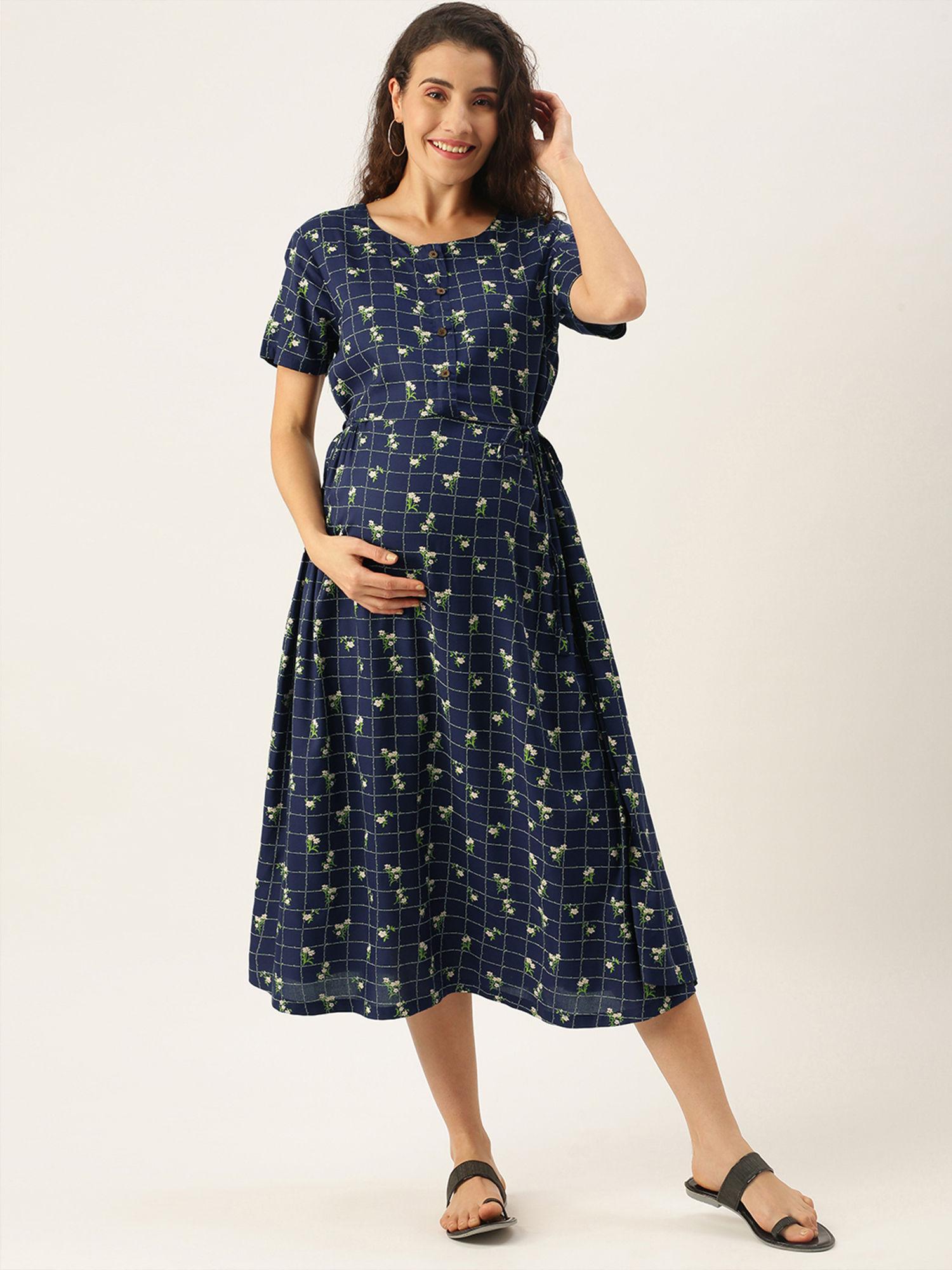 feeding/nursing maternity midi dress - blue