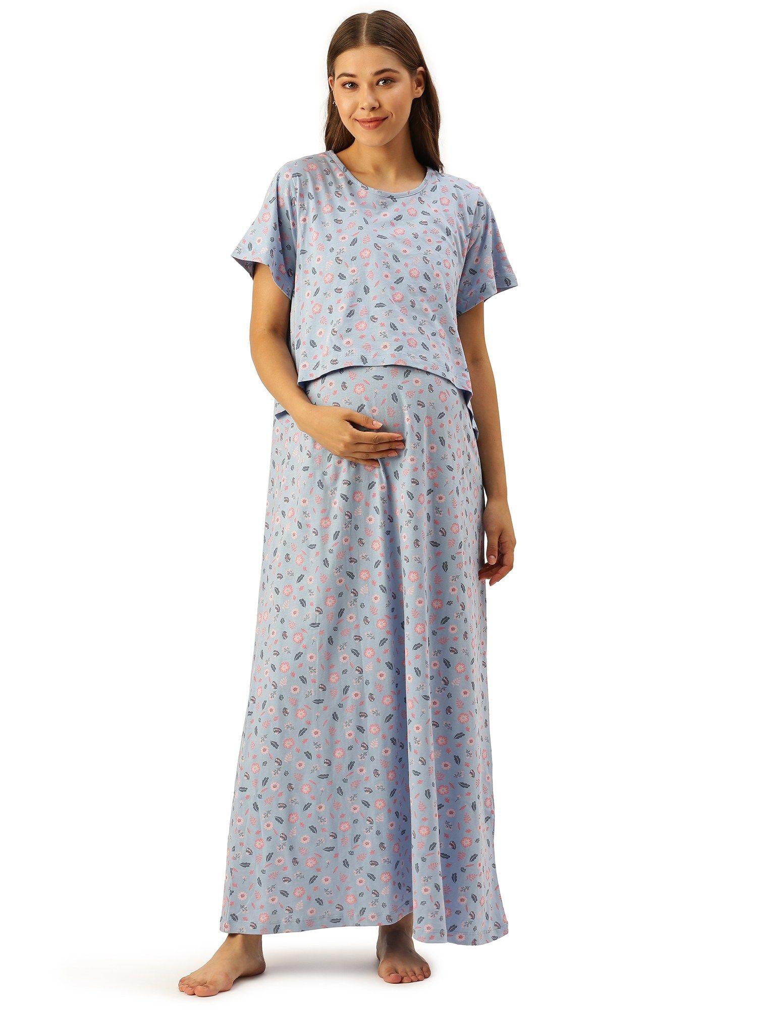 feeding-nursing maternity full length night dress - blue