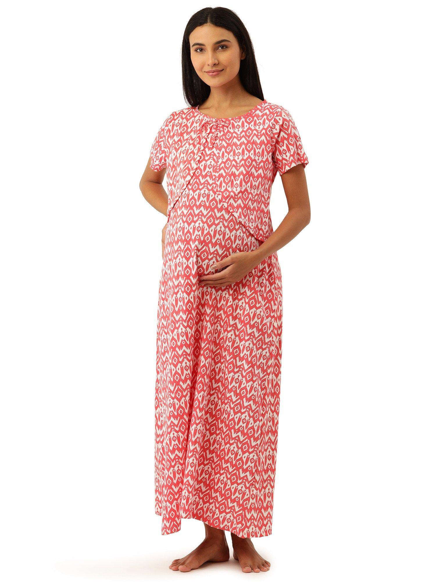 feeding-nursing maternity full length night dress - coral