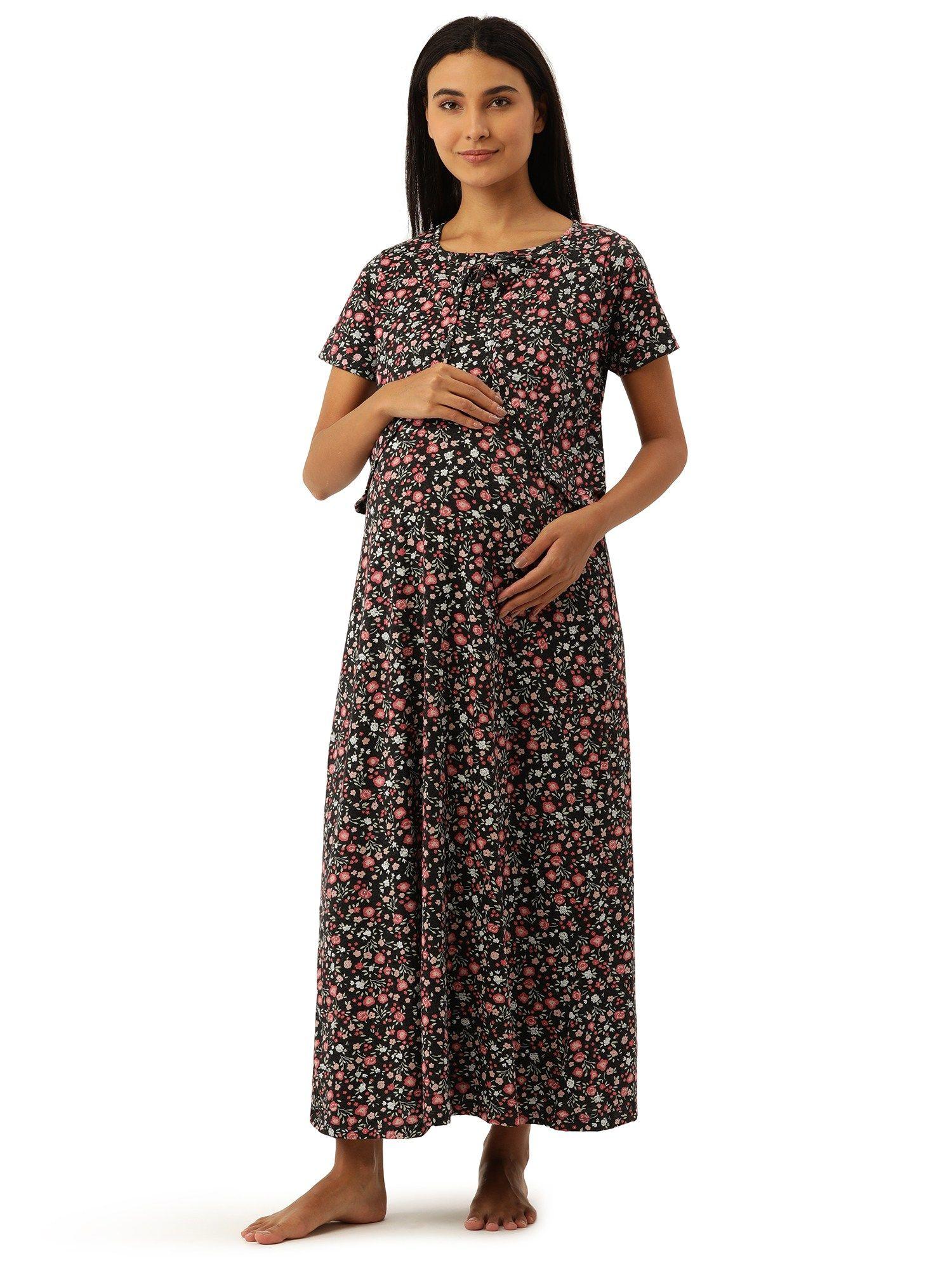 feeding-nursing maternity full length night dress - grey