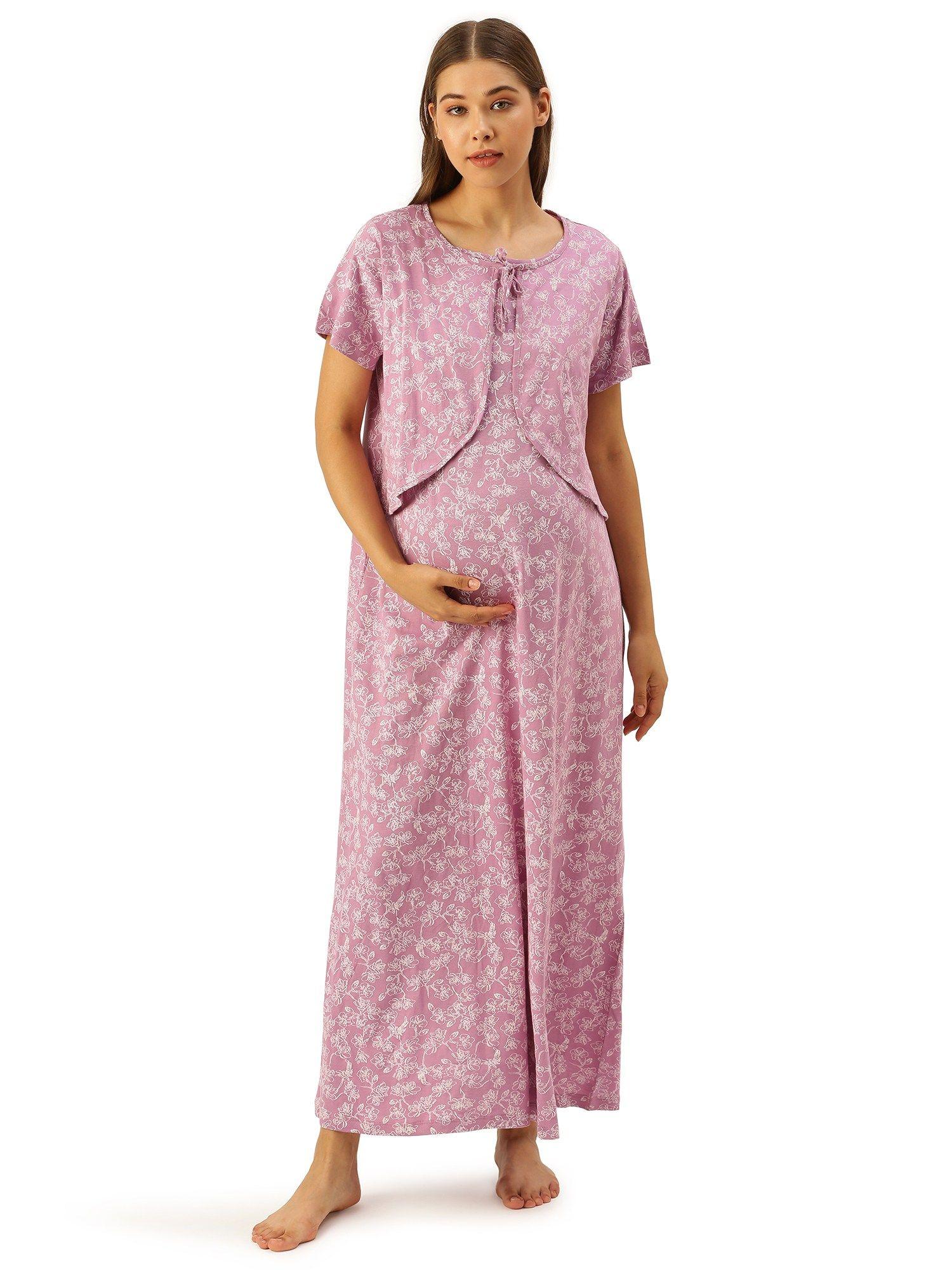 feeding-nursing maternity full length night dress - lavender