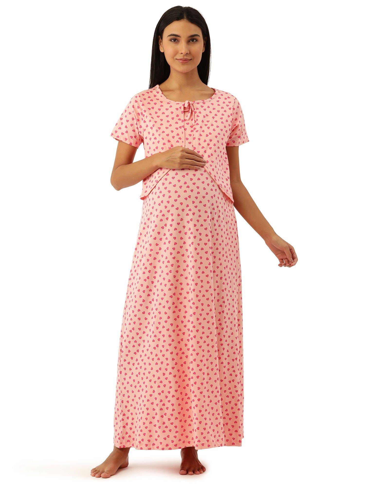 feeding-nursing maternity full length night dress - pink