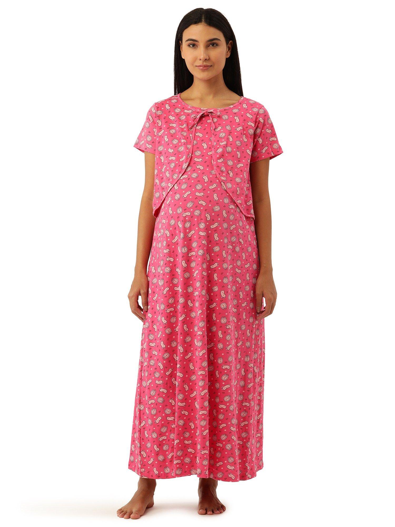 feeding-nursing maternity full length night dress - pink