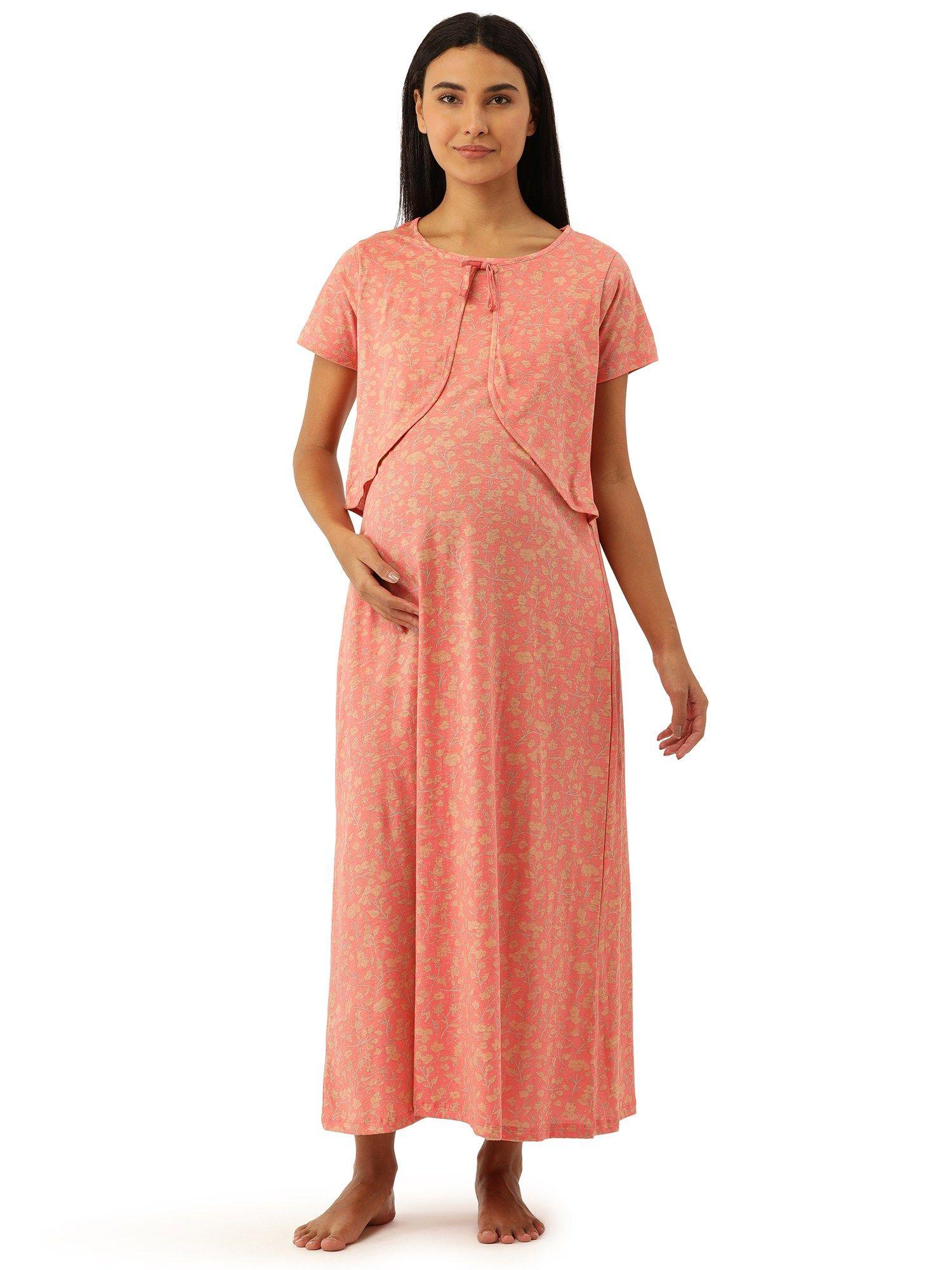 feeding-nursing maternity full length night dress - pink