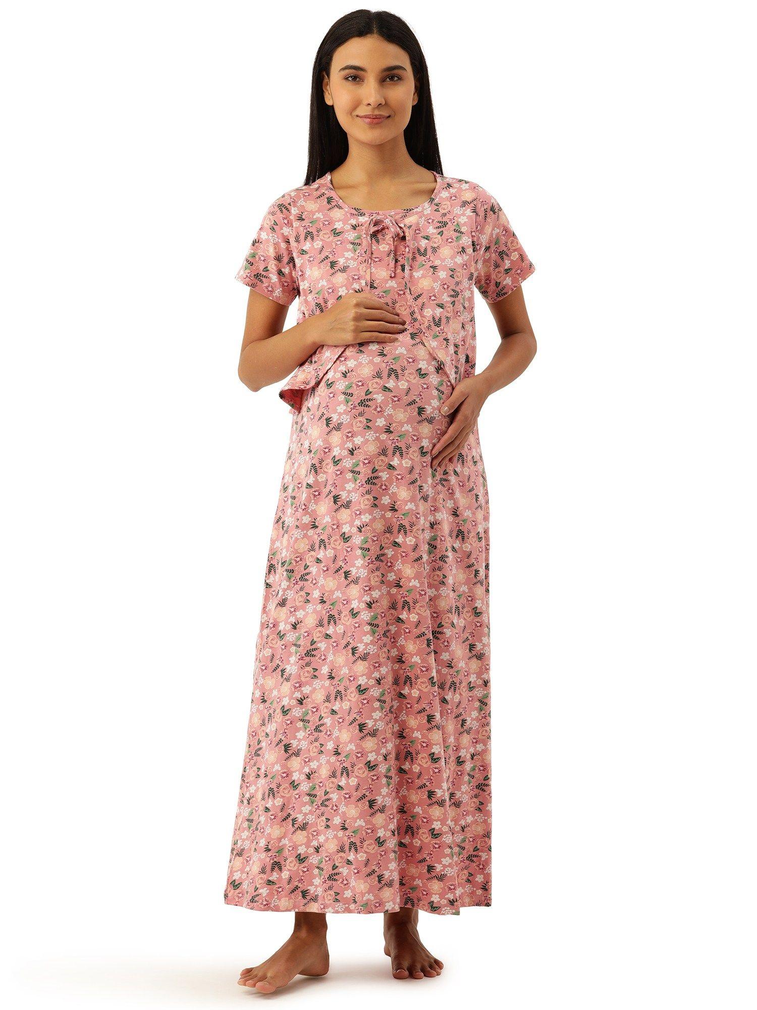 feeding-nursing maternity full length night dress - pink