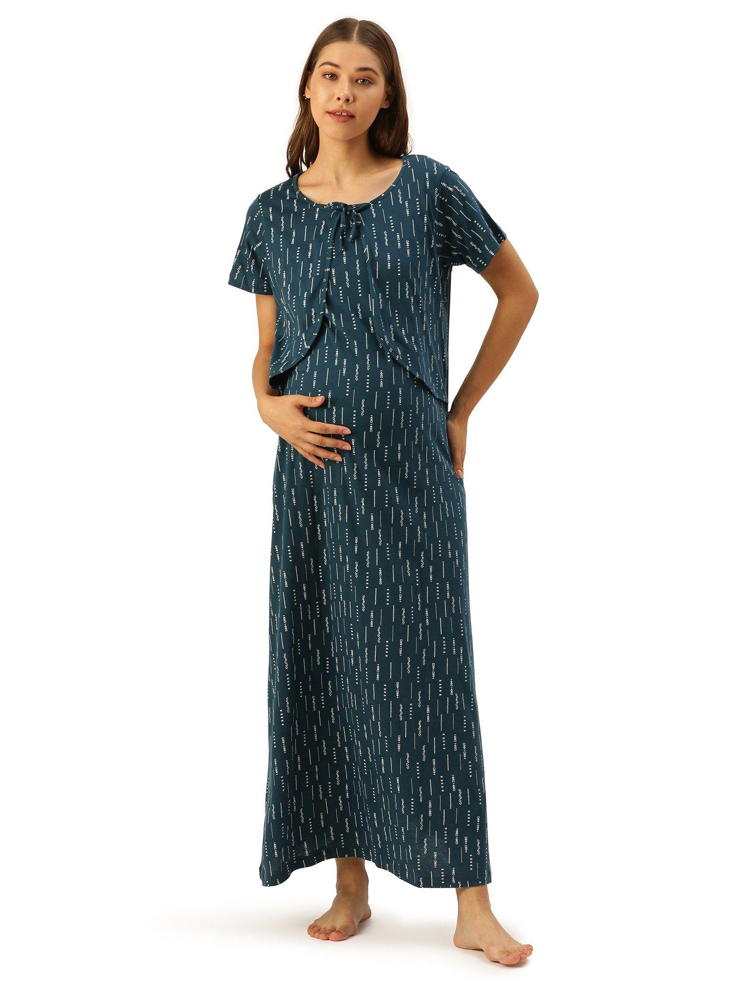 feeding-nursing maternity full length night dress - teal