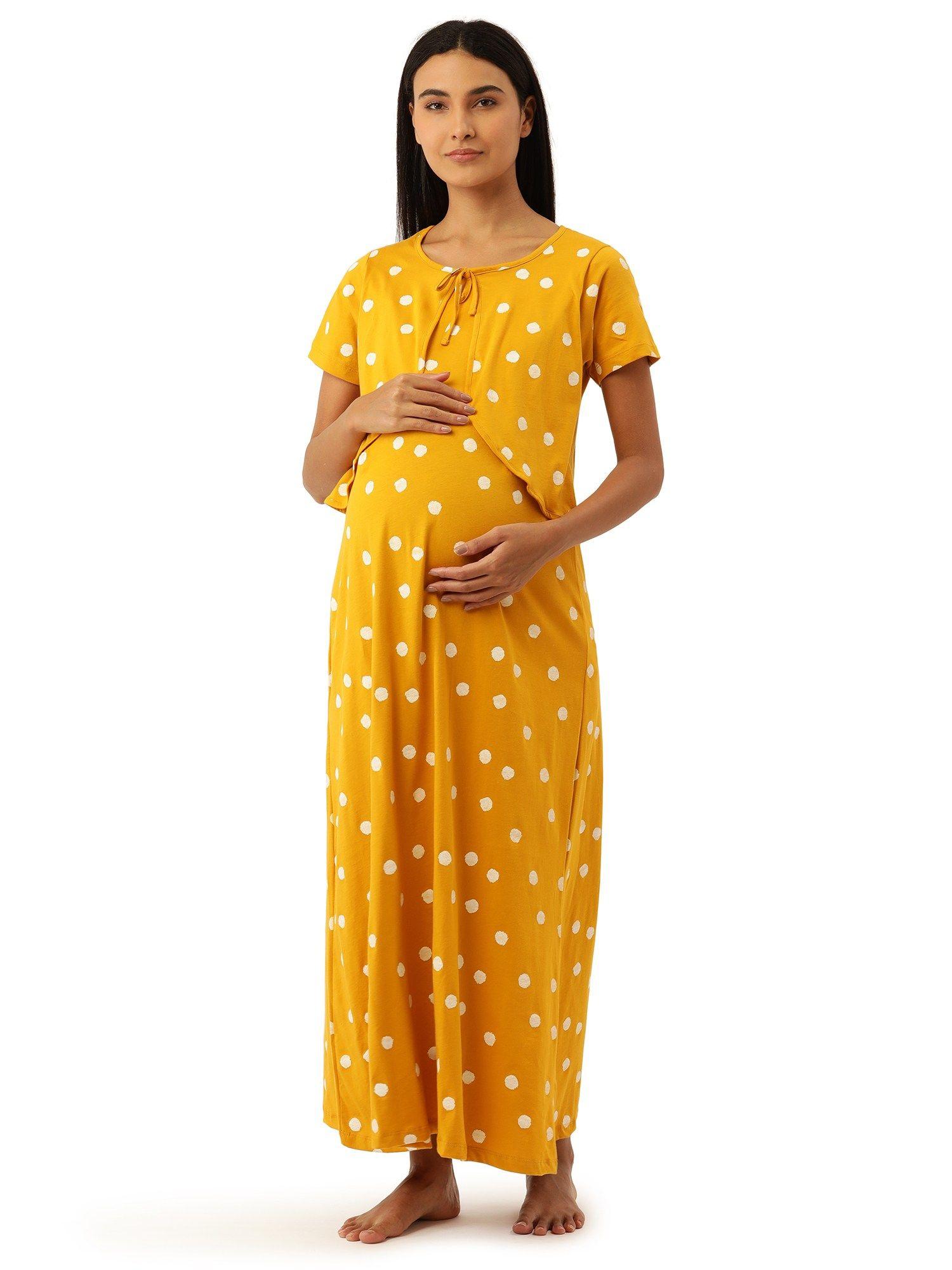 feeding-nursing maternity full length night dress - yellow