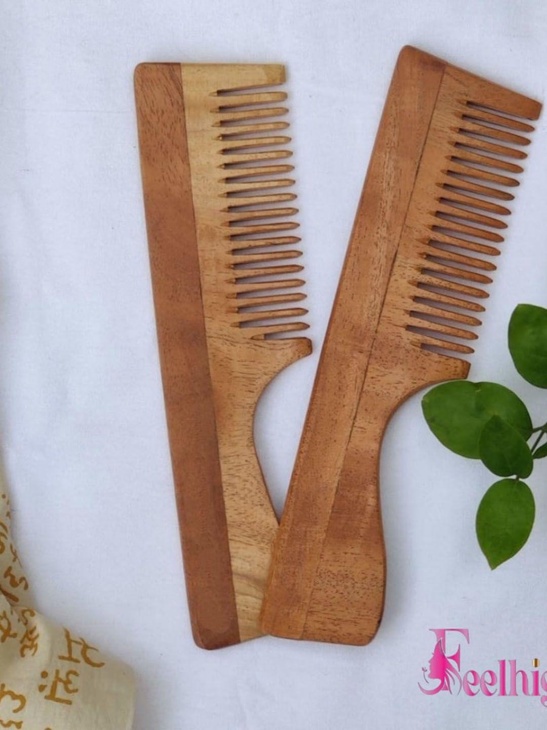 feelhigh set of 2 anti-bacteria & anti-dandruff neem wooden combs - brown