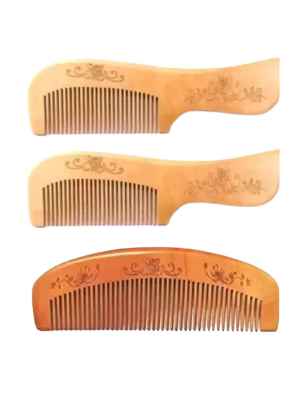 feelhigh set of 3 anti-dandruff wooden combs to promote hair growth - brown