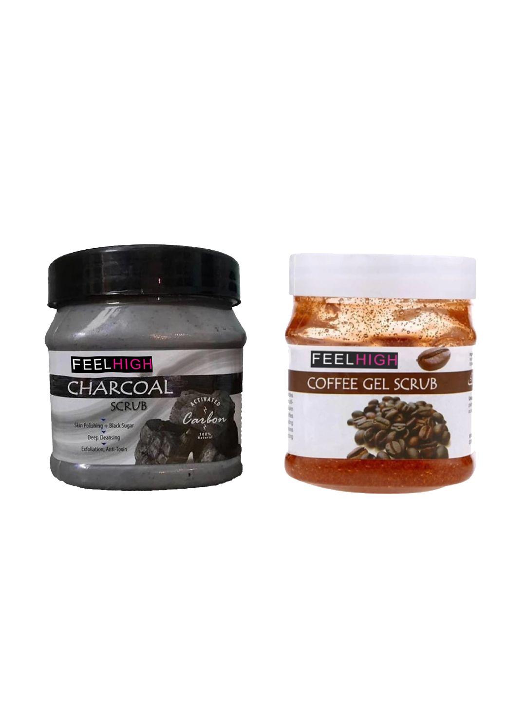 feelhigh set of 2 charcoal & coffee gel scrub for face & body exfoliators 500 ml each