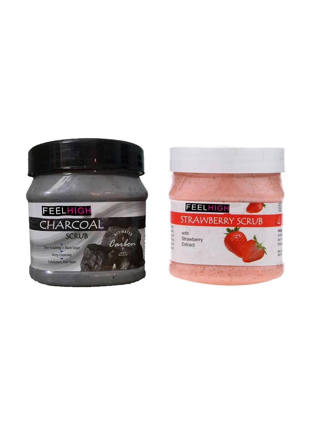 feelhigh set of 2 charcoal & strawberry scrub for face & body exfoliators 500 ml each