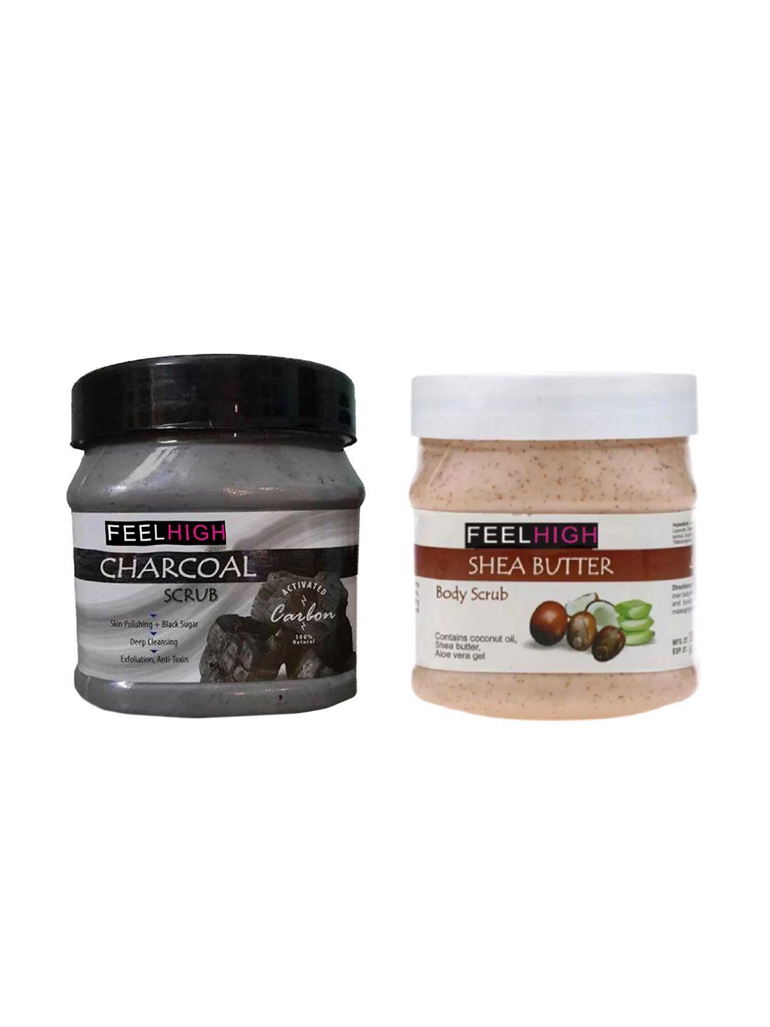 feelhigh set of 2 charcoal scrub & shea butter scrub face & body exfoliators 500 ml each